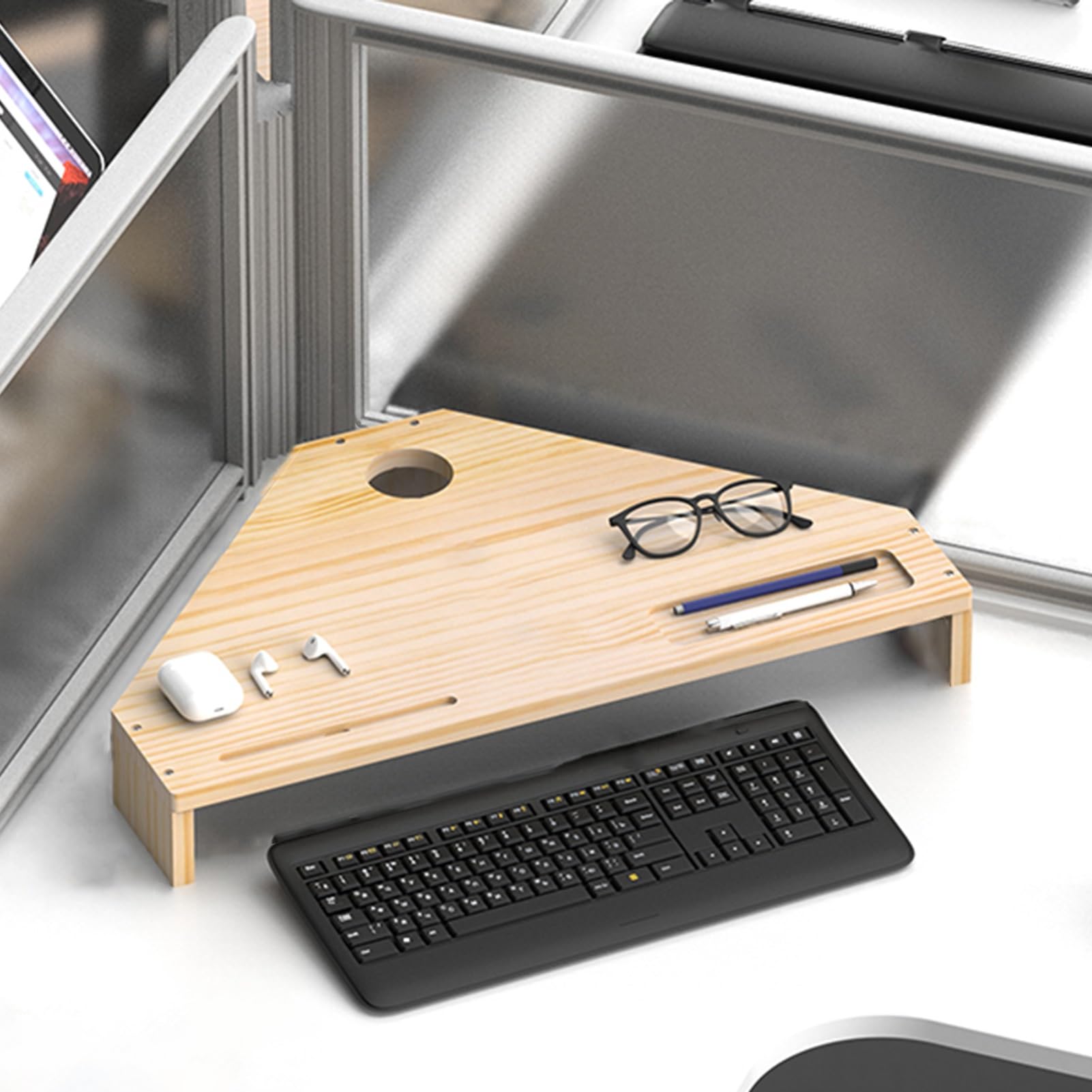 podstawka pod monitor na biurko, Stojak na monitor narożny, podnośnik do monitora, stojak z 2 gniazdami, trójkątny organizer litego drewna, podstawki pod laptopa, organizacja biura, brązowy(Natural)