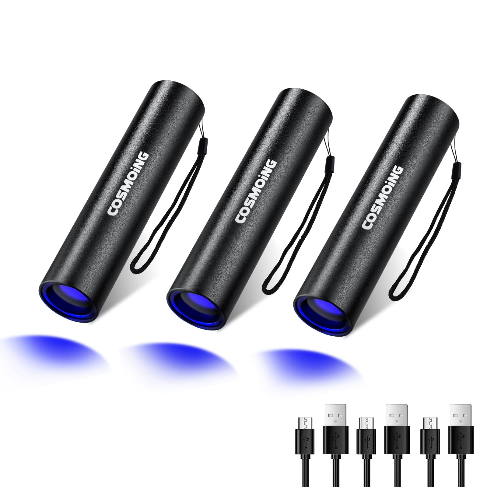 Linterna UV recargable por USB, luz negra de 365 nm (paquete de 3), mini y potente linterna ultravioleta detector portátil para orina de mascotas, manchas de gato y perro, escorpión, chinches