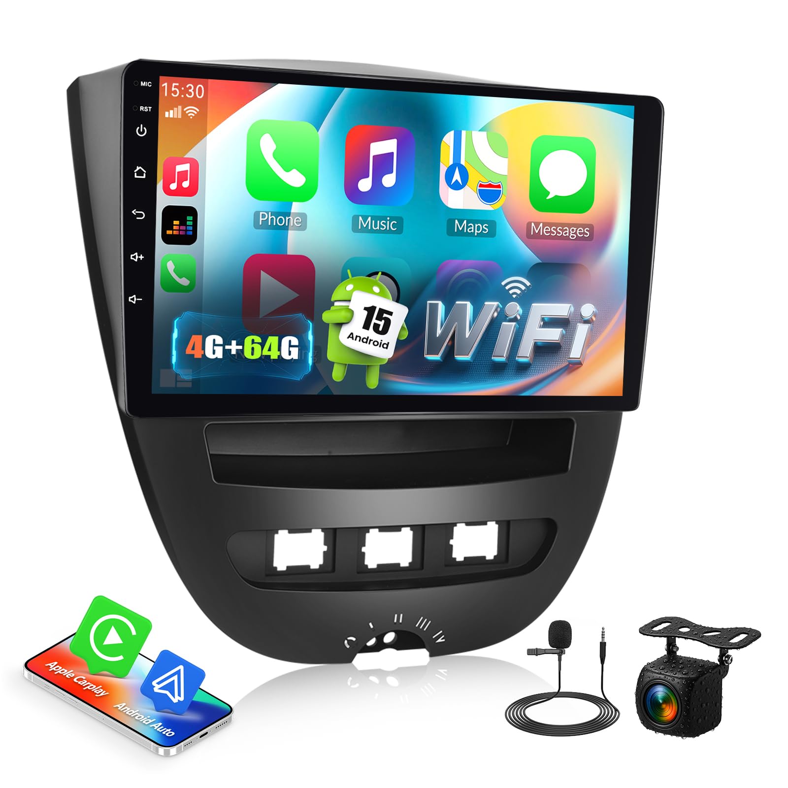 4G+64G GOHHDL Android Autoradio 2Din per Peugeot 107 / Citroen C1 / Toyota Aygo 2004-2014 con Carplay Android Auto, Radio da 10 Pollici con BTGPS Navi WIFI FM/RDS Mirror Link SWC Retrocamera&MIC