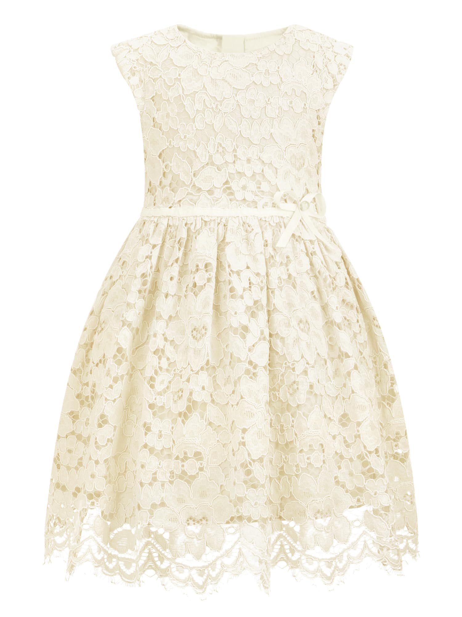 ALLOVIN Mädchen & Kleinkinder Oster Ärmelloses A-Linien Spitzen Party Kleid Geburtstags Blumenmädchen Kleid mit Perlen-Schleife 2-12 Jahre