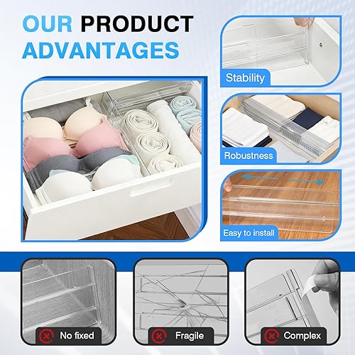 Miniatura 7 de Paquete de 4 separadores de cajones para ropa, organizador de cajones expandible ajustable de 4 pulgadas de alto, separadores de plástico