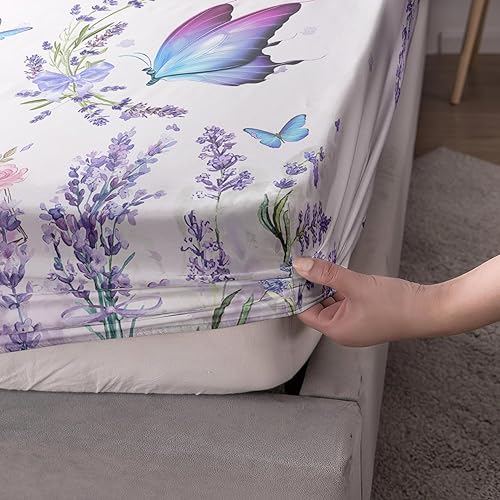 Miniatura 4 de AILONEN Juego de sábanas bajeras de tamaño matrimonial, diseño floral de lavanda floreciente, mariposa voladora, trae flores, juego de sábanas de 3