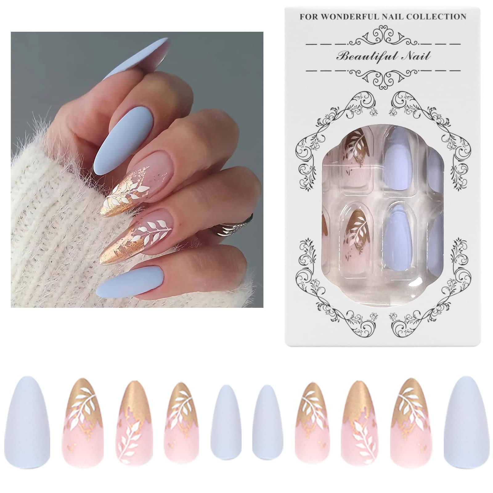 French Tip Press On Nails, Two Style In Grayish Blue and Nude with white Branch photo