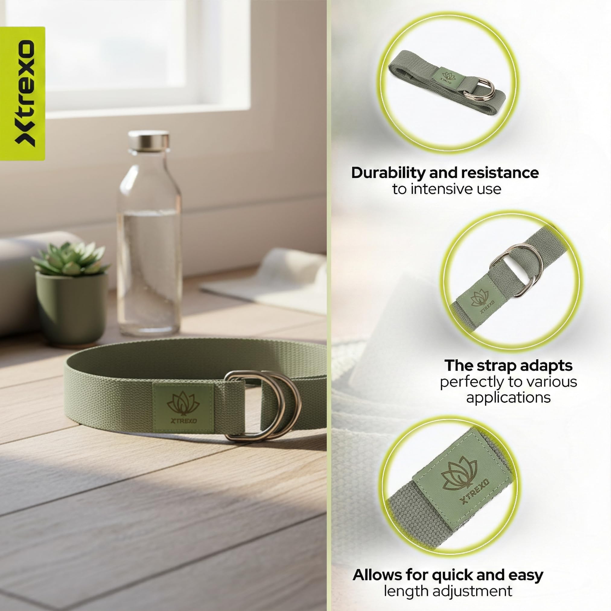 TREXO Sangle de yoga 183 x 3,8 cm - Boucle en forme de D - Réglage facile de la longueur pour différents asanas - Convient à différentes préférences - Accessoire idéal pour tout le monde