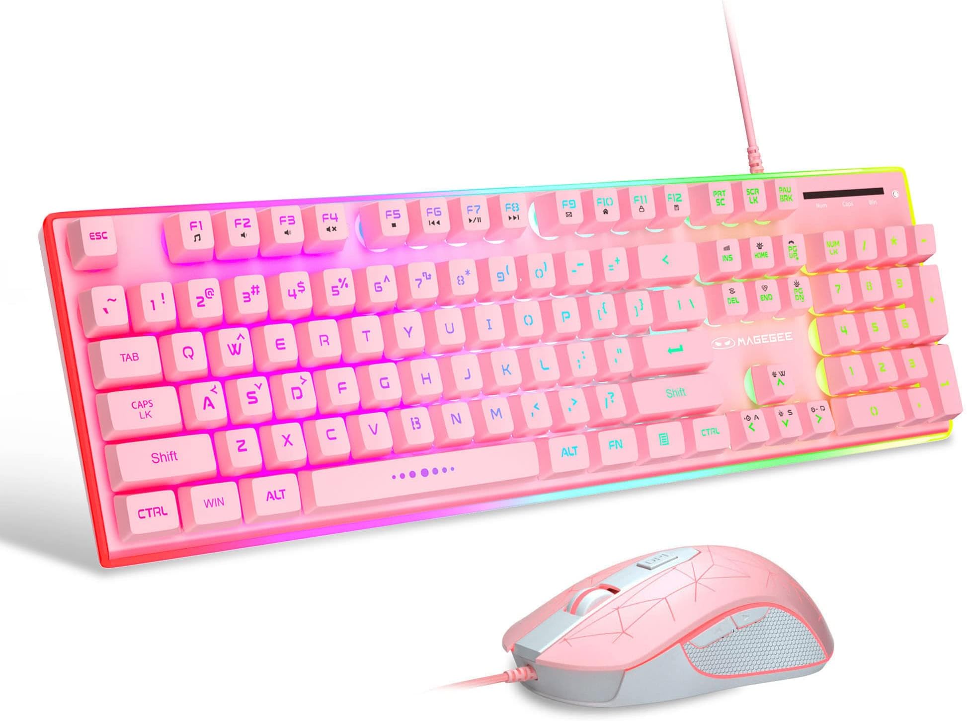 MageGee Gaming Keyboard and Mouse Combo, True RGB Backlit Membrane Office Keyboard, 104 Keys Metal Panel USB Quiet Wired Keyboard for Windows Laptop PC - Pink