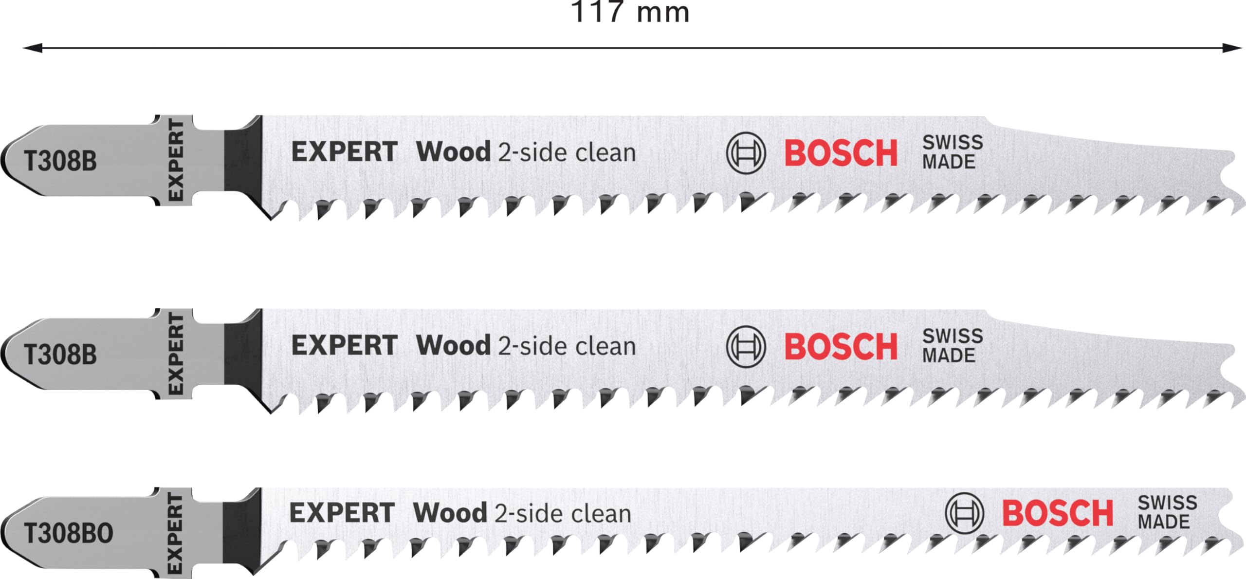 Bosch Professional 3 x Set de hojas de sierra de calar Expert Wood 2-Side Clean, para Contrachapado, Tablero para mobiliario de madera maciza, Longitud 117 mm, Accesorios Sierra de calar