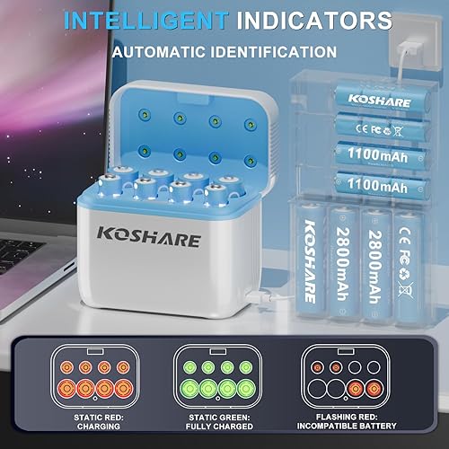 Miniatura 6 de Baterías AA AAA recargables con cargador de 16 piezas, baterías recargables Ni-MH de 1.2 V con 8 pilas AA de 2800 mAh y 8 pilas AAA de 1100 mAh,