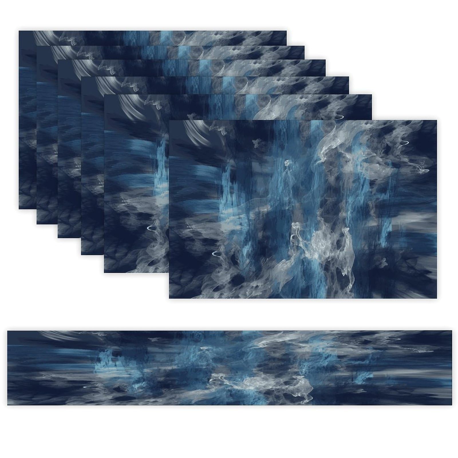 Abstract Blue Table Runner and Placemats Set of 6 Wipe Clean Heat Resistant Table Mat with Table Runner Decorations Flax Linen Place Mat Set for Home Kitchen Party Supplies