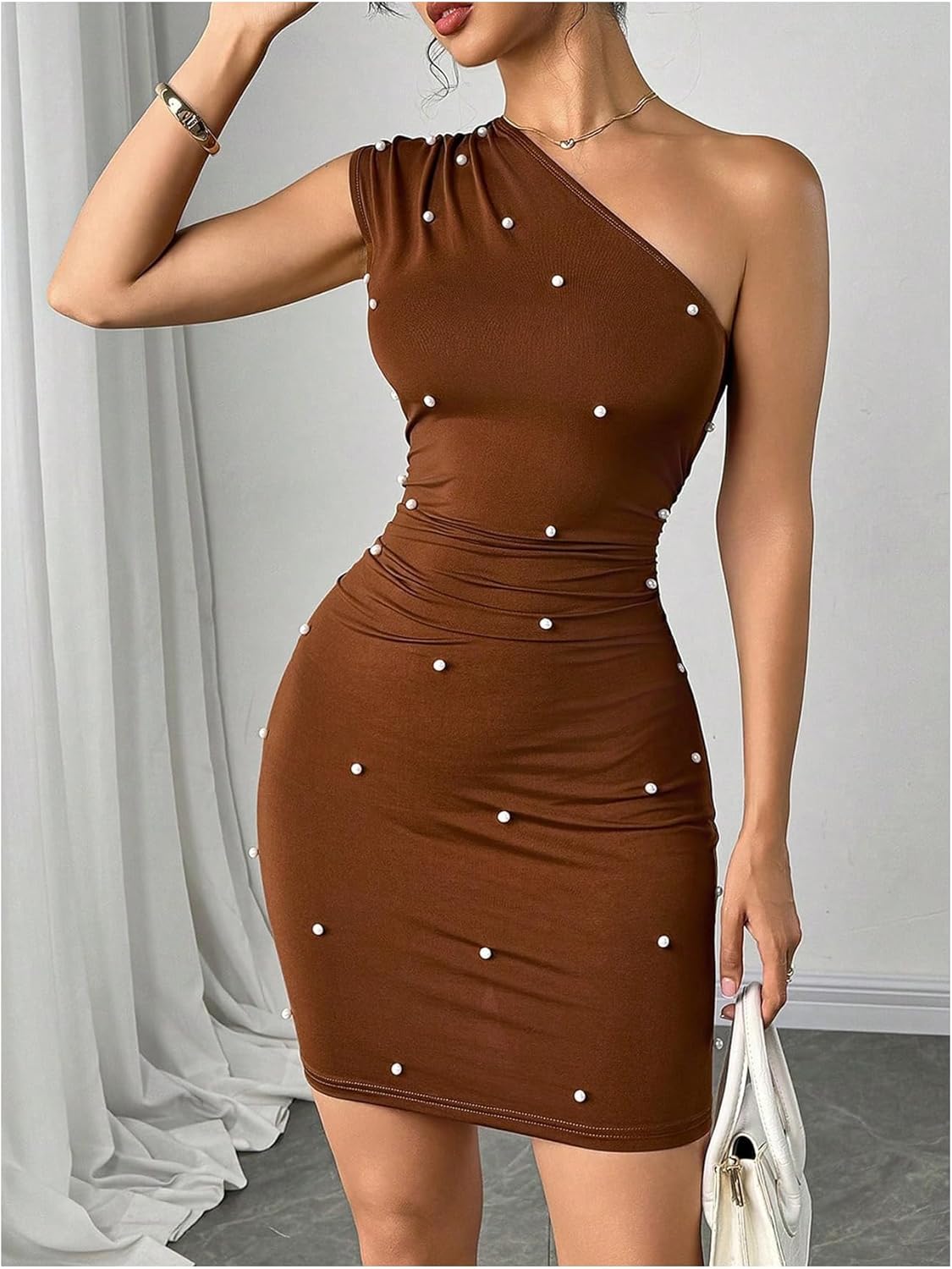 Floerns Women's One Shoulder Mini Dress Sleeveless Pearl Beaded Going Out Bodycon Dresses - Image 2