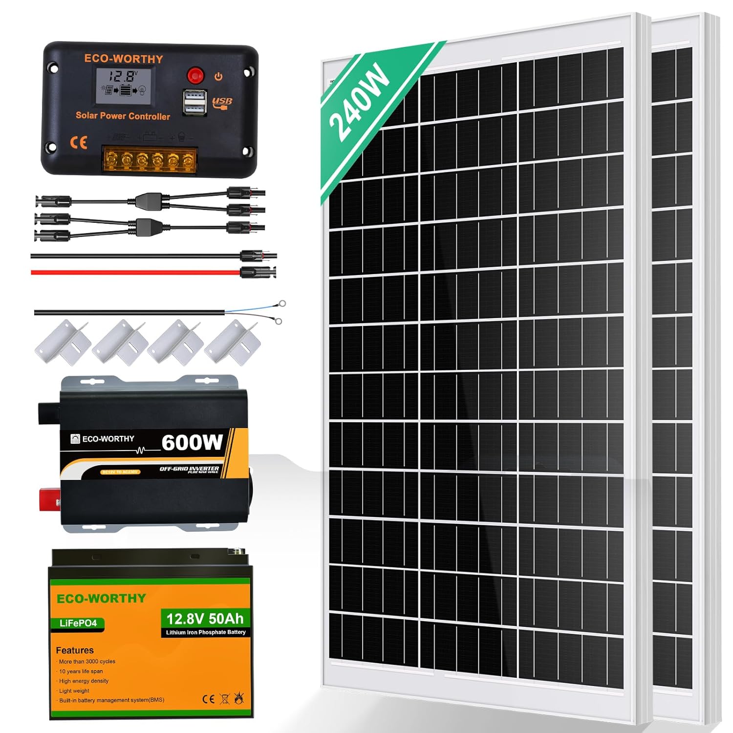 ECO-WORTHY Kit complet de système solaire 240 W installation îlot sans réseau pour camping-car : 2 pièces...