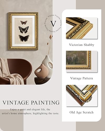 Miniatura 4 de VIYYIEA Arte de pared de mariposa con marco dorado vintage, estante de baño, ilustración de mariposa retro, impresiones en lienzo, cuadros antiguos