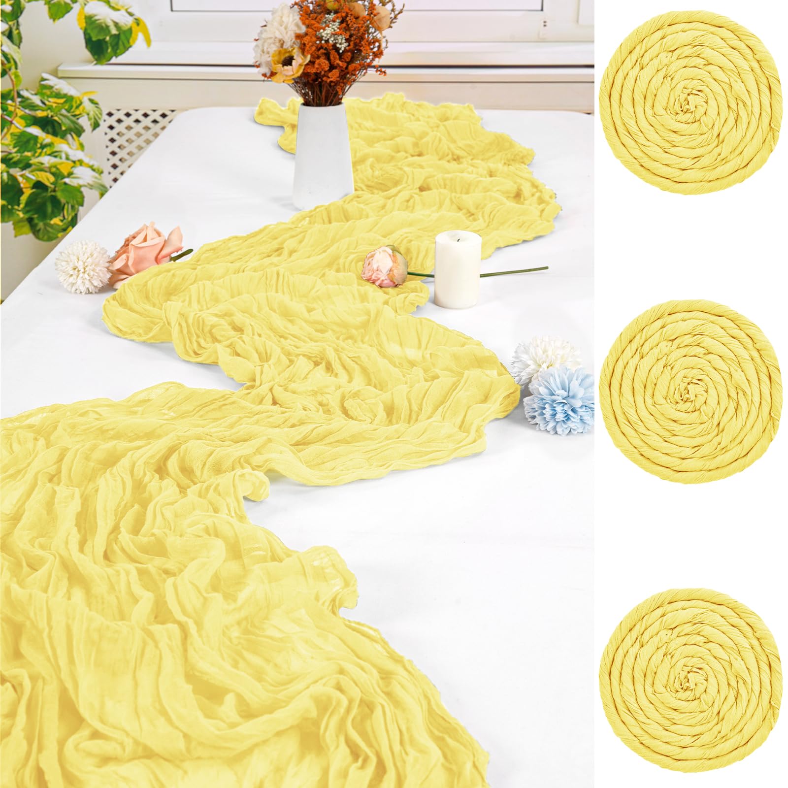 FXKS 3 PCS Light Yellow Table Runner,90x300cm Cheesecloth Table Runners,Romantic Sheer Tablerunner,10FT Gauze Boho Table Runners,Rustic Cheese Cloth Table Runner for Wedding Party Bridal Shower Table â image 1