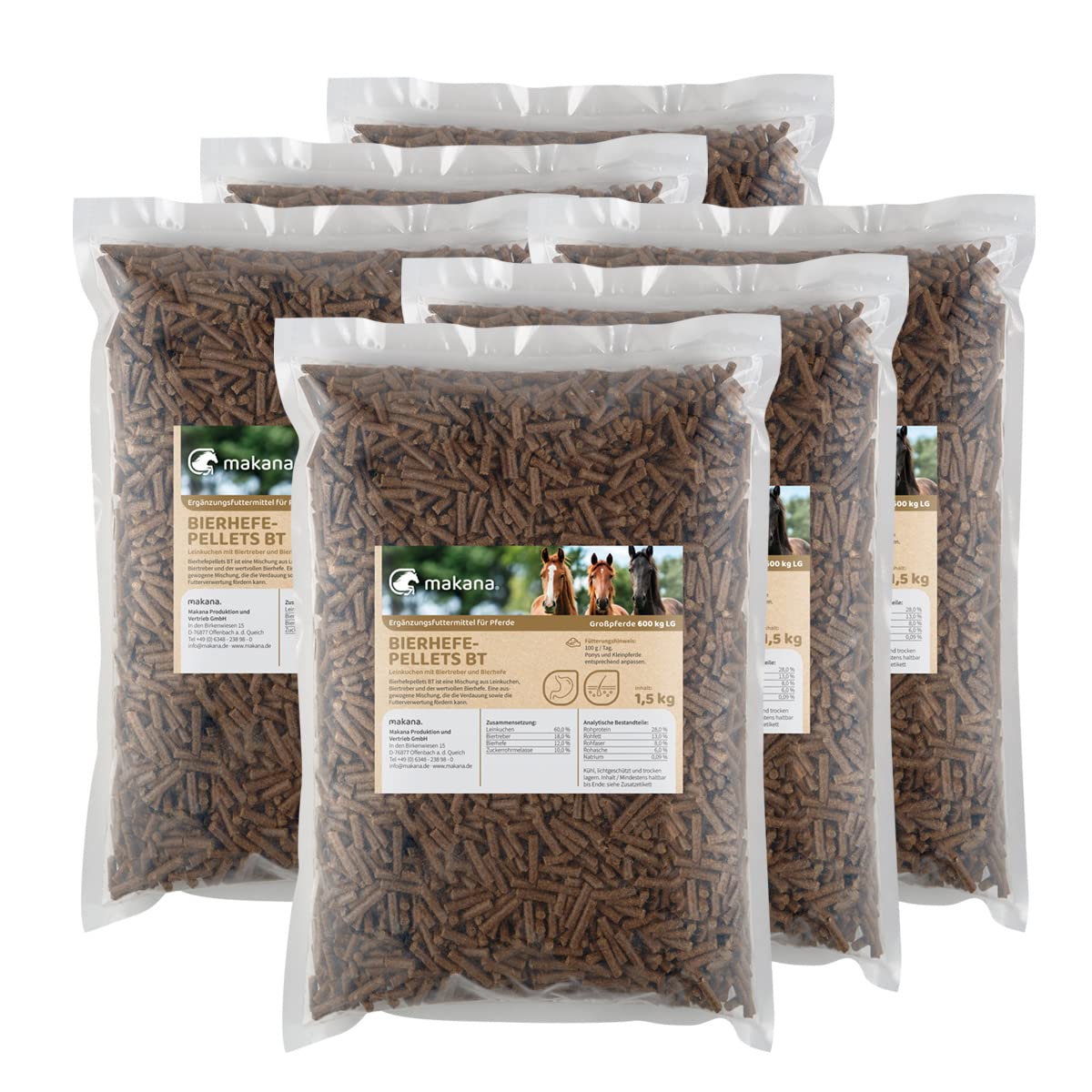 Makana Bierhefepellets BT (Biertreber) für Tiere, mit Leinkuchen, 6 x 1,5 kg Beutel