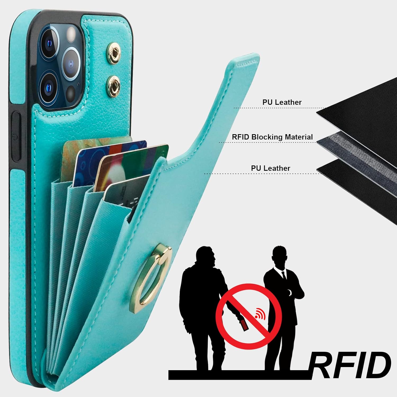 Folosu Compatible with iPhone 12 Pro Max Case Wallet with Card Holder, 360°Rotation Finger Ring Holder Kickstand Protective RFID Blocking PU Leather Double Buttons Flip Shockproof Cover 6.7 Inch Green