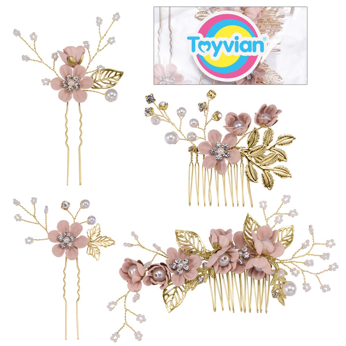 Toyvian 4 piezas peine para el cabello conjunto moda nupcial accesorios para el cabello de la boda tocado para dama de honor niñas mujeres (rosa)