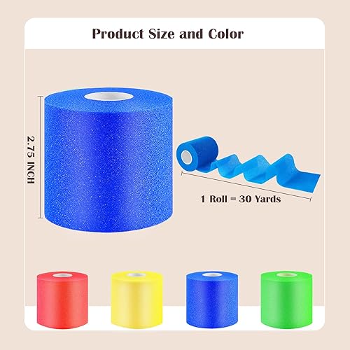 Miniatura 2 de 4 piezas de cinta de espuma para debajo de la envoltura deportiva, cinta atlética para codo, tobillos, muñecas, manos y rodillas (rojo, azul,