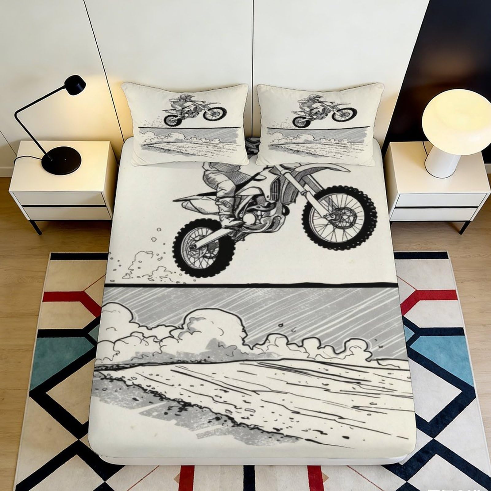 3D Printed Motocross Fitted Sheet Microfiber Durable Breathable Dirt Bike Mattress Cover for Bedroom Dormitory Guest Room Protection Decor 120x200x25cm