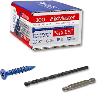 FixMaster 3/16 x 1-1/4" Blue Concrete Screw Anchors Kit (100pcs) w/ Drill Bit & Phillips Driver - Countersunk for Masonry, Brick, Block, Wood