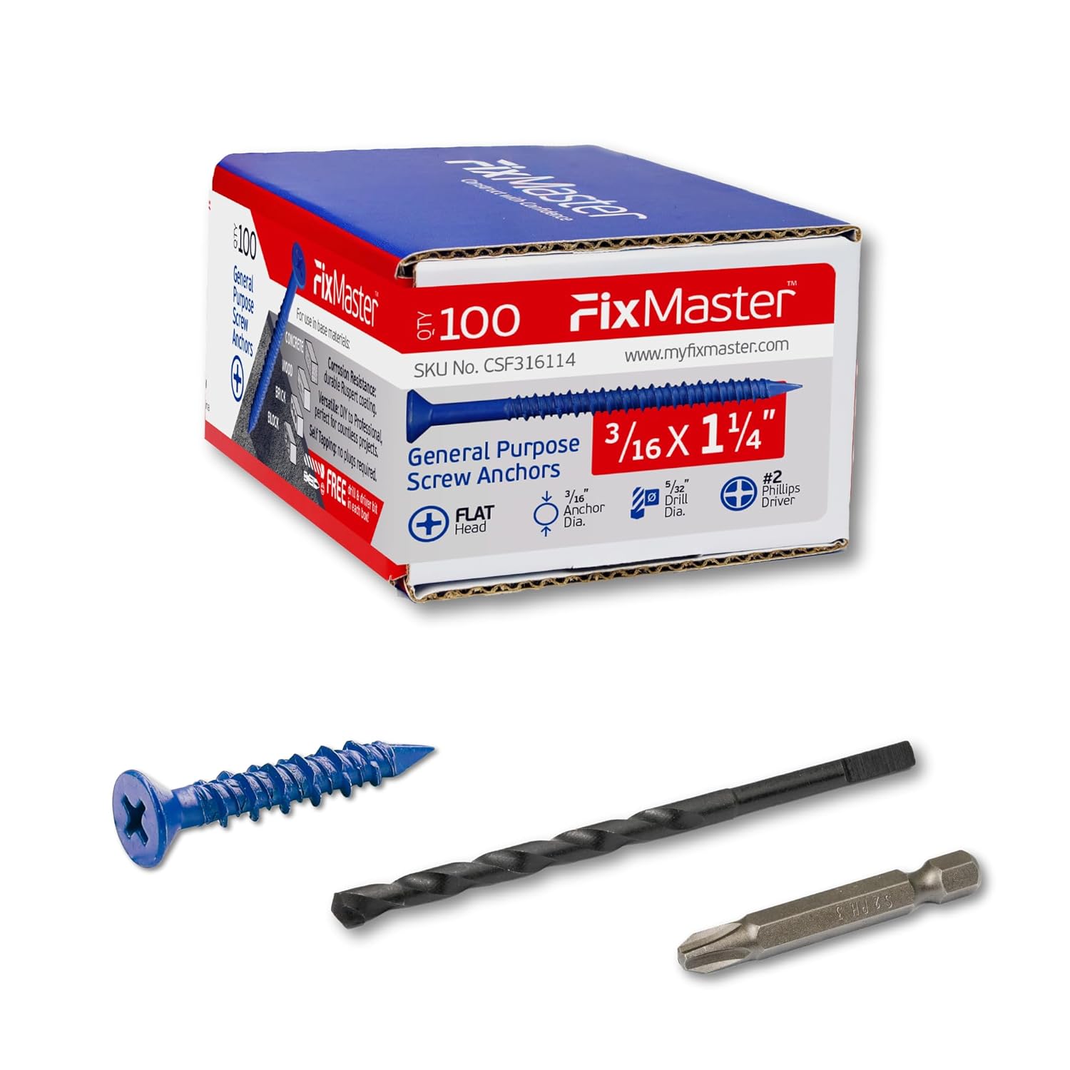 FixMaster 3/16 x 1-1/4" Blue Concrete Screw Anchors Kit (100pcs) w/ Drill Bit & Phillips Driver - Countersunk for Masonry, Brick, Block, Wood