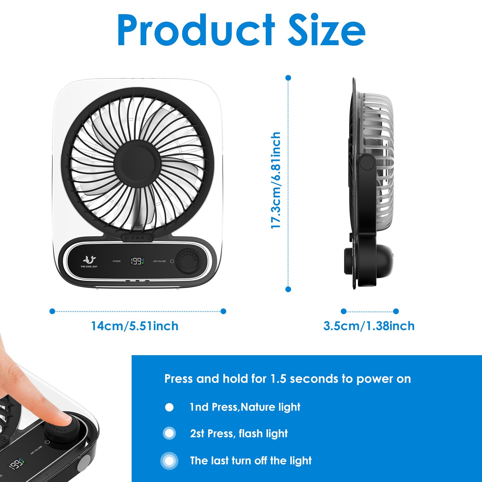 Simpeak Ventilador de Mesa, 199 Velocidades Pequeño Ventilador de Sobremesa Portatil, Batería Recargable por USB de 3000 mAh, Silencioso Fan con LED Luz para Hogar Oficina Camping - Negro