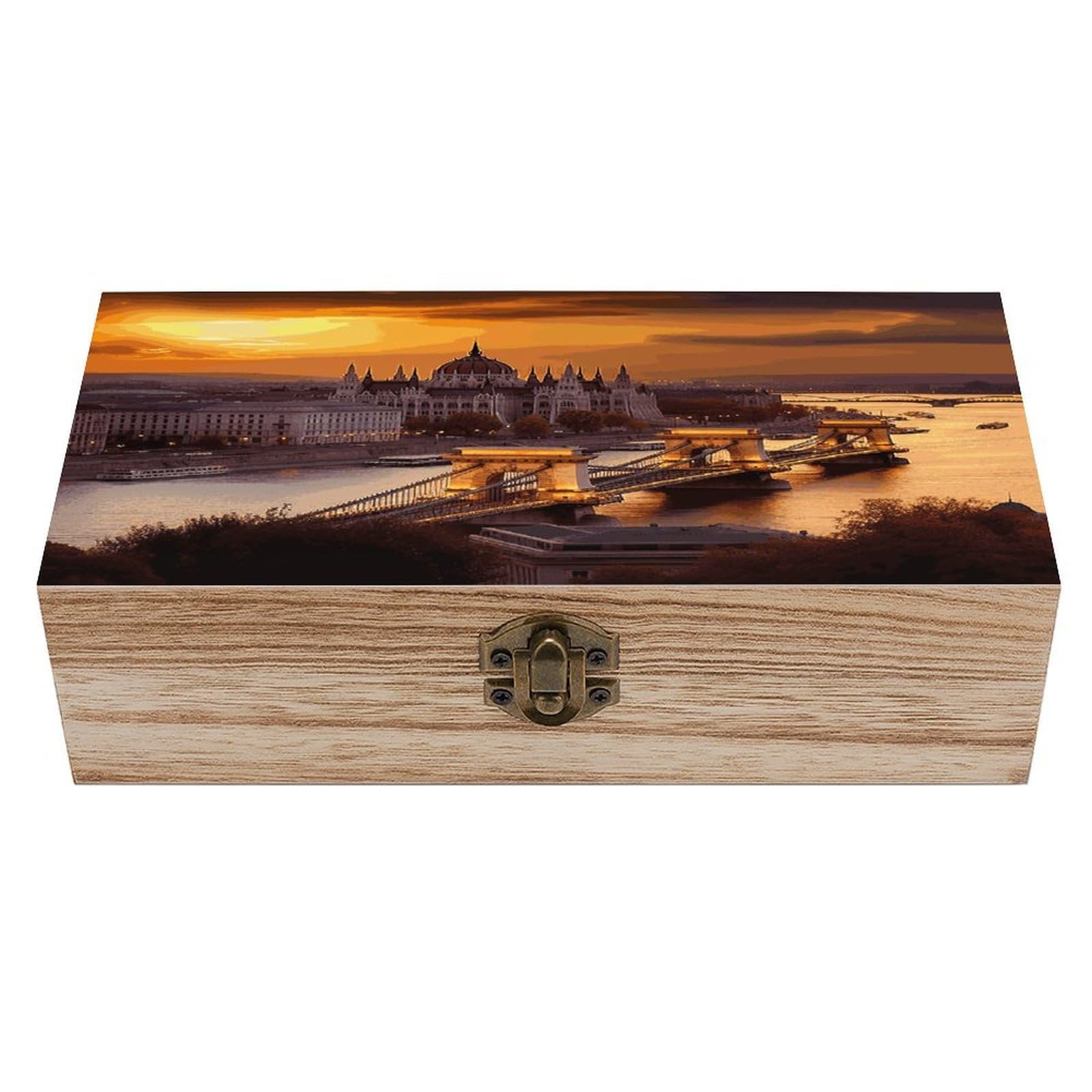VstaDank Sunset in Budapest Wooden Keepsake Box with Hinged Lid Solid Wood Gift Boxes Beautifully Keepsake Box Jewellery Organiser Retro Memory Treasure Case with Lids Decorative Boxes