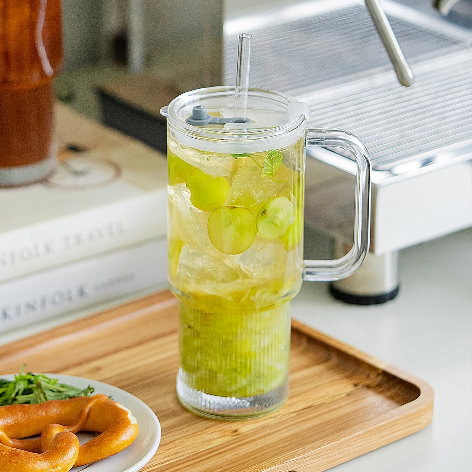 KEMORELA 26oz Ribbed Glass Mug with Handle and Lid – Large Clear Tumbler for Iced Coffee, Tea, Smoothies & Hot Drinks, Reusable Glass Cup with Straw, Dishwasher Safe, Travel Friendly - Image 2