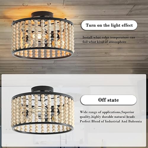 Miniatura 3 de tewei Candelabro de cuentas de madera, lámpara de techo semiempotrada rústica, 3 luces, estilo bohemio, casa de campo, bohemio, con base E26 para