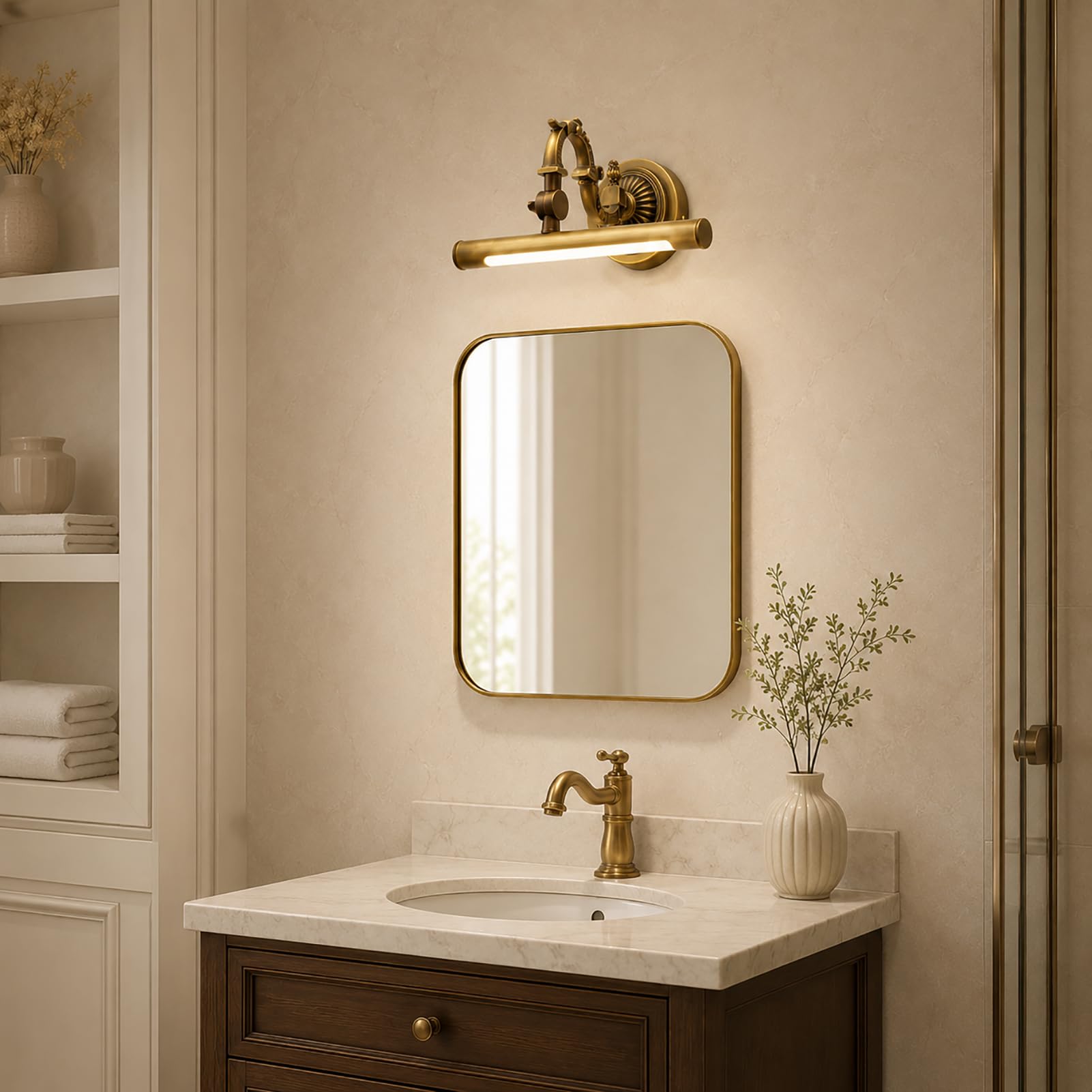 LED Spiegelleuchte Vintage, Badlampe Spiegel IP66, 240° verstellbares Gelenk, 4000K 800lm, Bad Lampe über Spiegel aus H65 Messing, Antik Bronze für Bad, Schrank und Schminktisch,35 cm / 7W