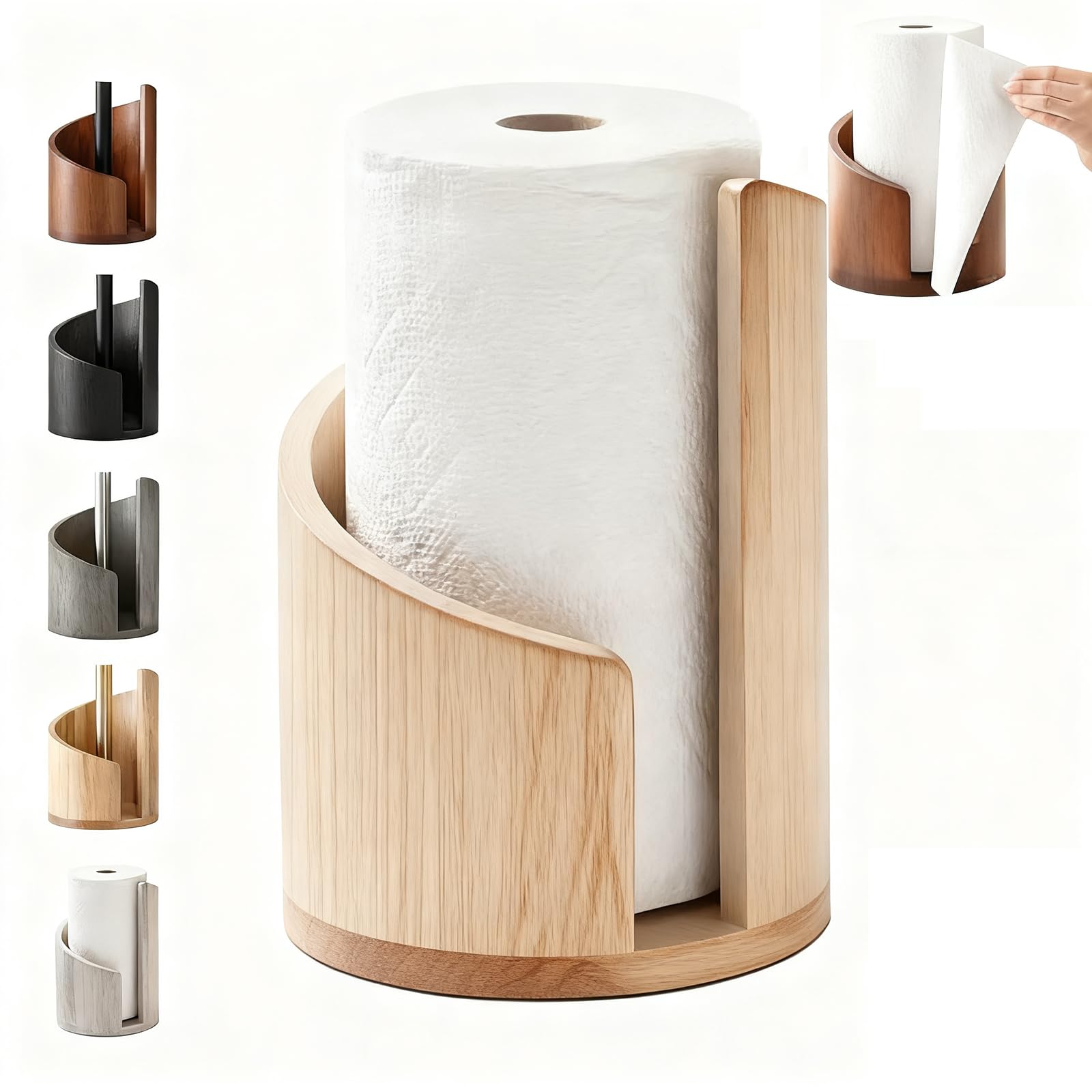 Portarrollos Cocina Madera Pino y Metal - Soporte Papel Cocina Vertical Diseño Espiral para Rollos Grandes - Dispensador Estable para Encimera y Mesa, Uso con Una Mano(Color Madera)