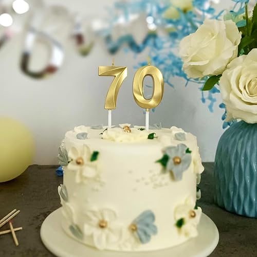 Vista 4 de 70th Birthday Candles Numbers for Cakes Candle Happy Seventieth Birthday 3D Designed Wedding Anniversary Party Cake Topper Decorations (70, Gold)