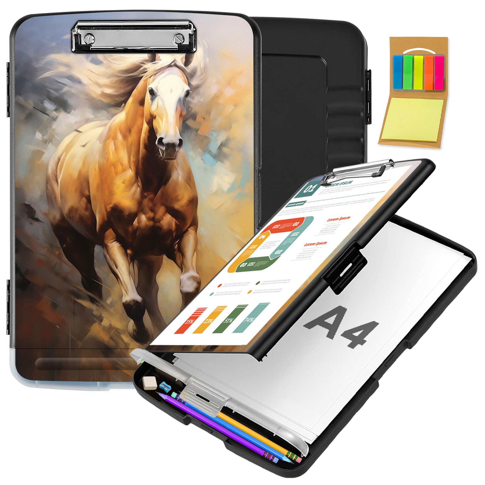 Clipboard with Storage,Office Supplies Nursing Clipboards Folder with Pen Holder Plastic Storage ClipBoard Foldable for Teacher Nurse,Galloping Horse