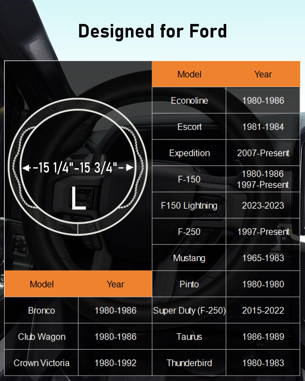 Belinous Steering Wheel Cover Custom-Fit for Ford, Nappa Leather Car Steering Wheel Cover, Non-Slip & Breathable Steering Wheel Wrap, Designed for Ford [L (15 1/4