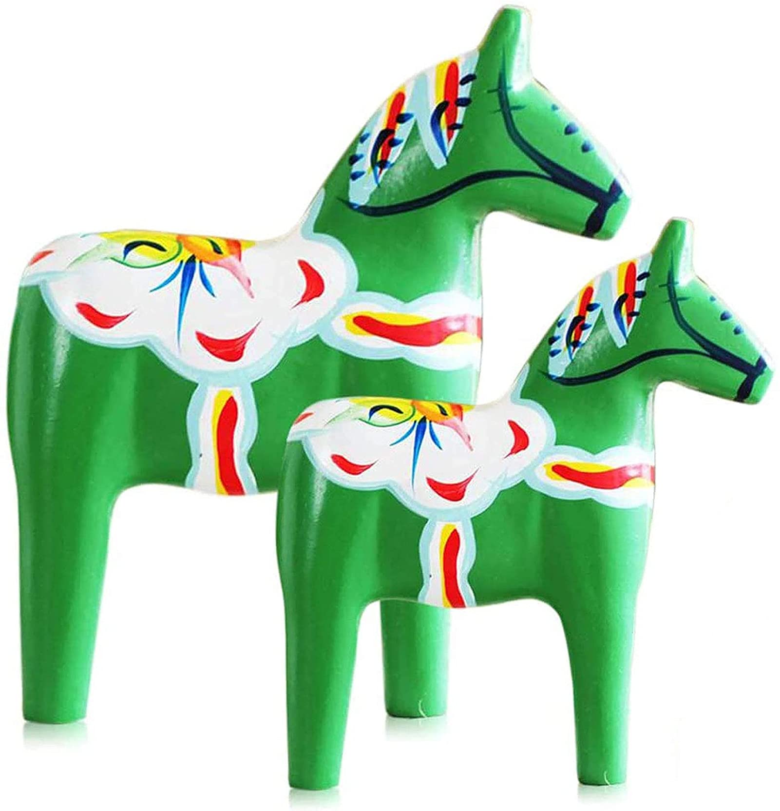 2 Piece Wooden Dala Horse Swedish National Style Wood Figures Statue Handicraft Sweden Style Dala Horse House Decoration (Green)