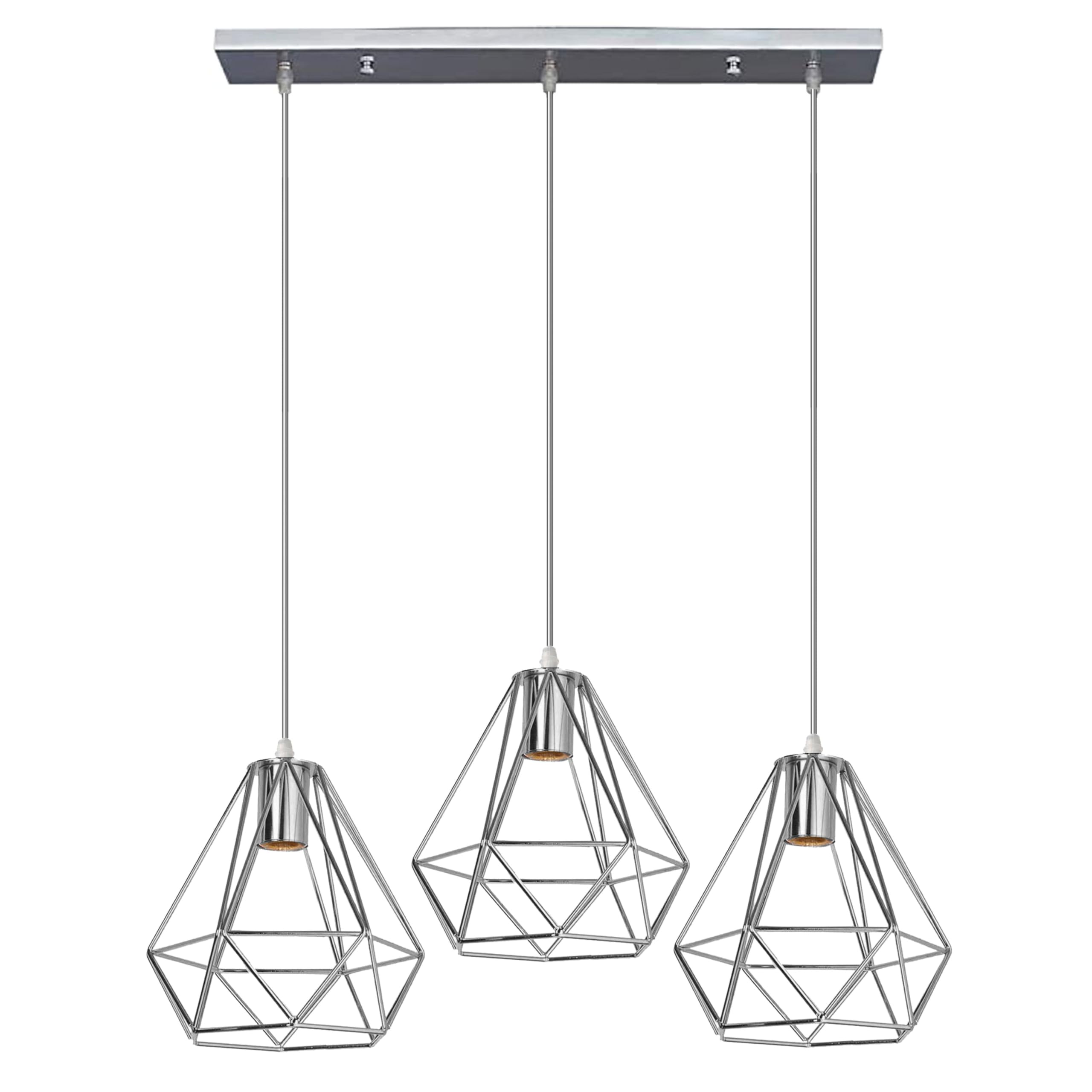 LEDSone Modern Retro 3 Head Ceiling Pendant Light Chrome Diamond Metal Cage Shades, E27 Adjustable Cluster Hanging Lamp with 50cm Ceiling Plate for Kitchen Dining Living Room
