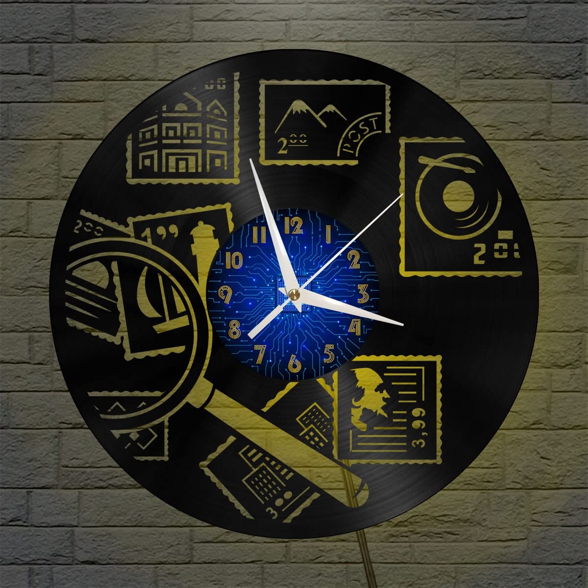 Cadeau créatif original horloge murale vinyle LED 12 pouces thème timbres de collection