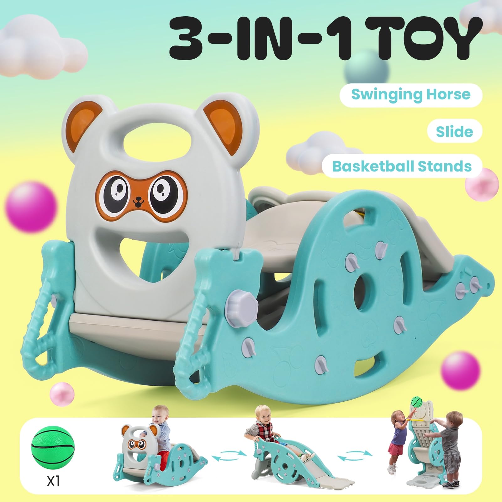 4-in-1 Kinder Wippe mit Rutsche & Basketballkorb – Multifunktions Spielzeug für Kinder 1-6 Jahre, Indoor Rutschbahn aus Kunststoff, Tragkraft 40kg Grun