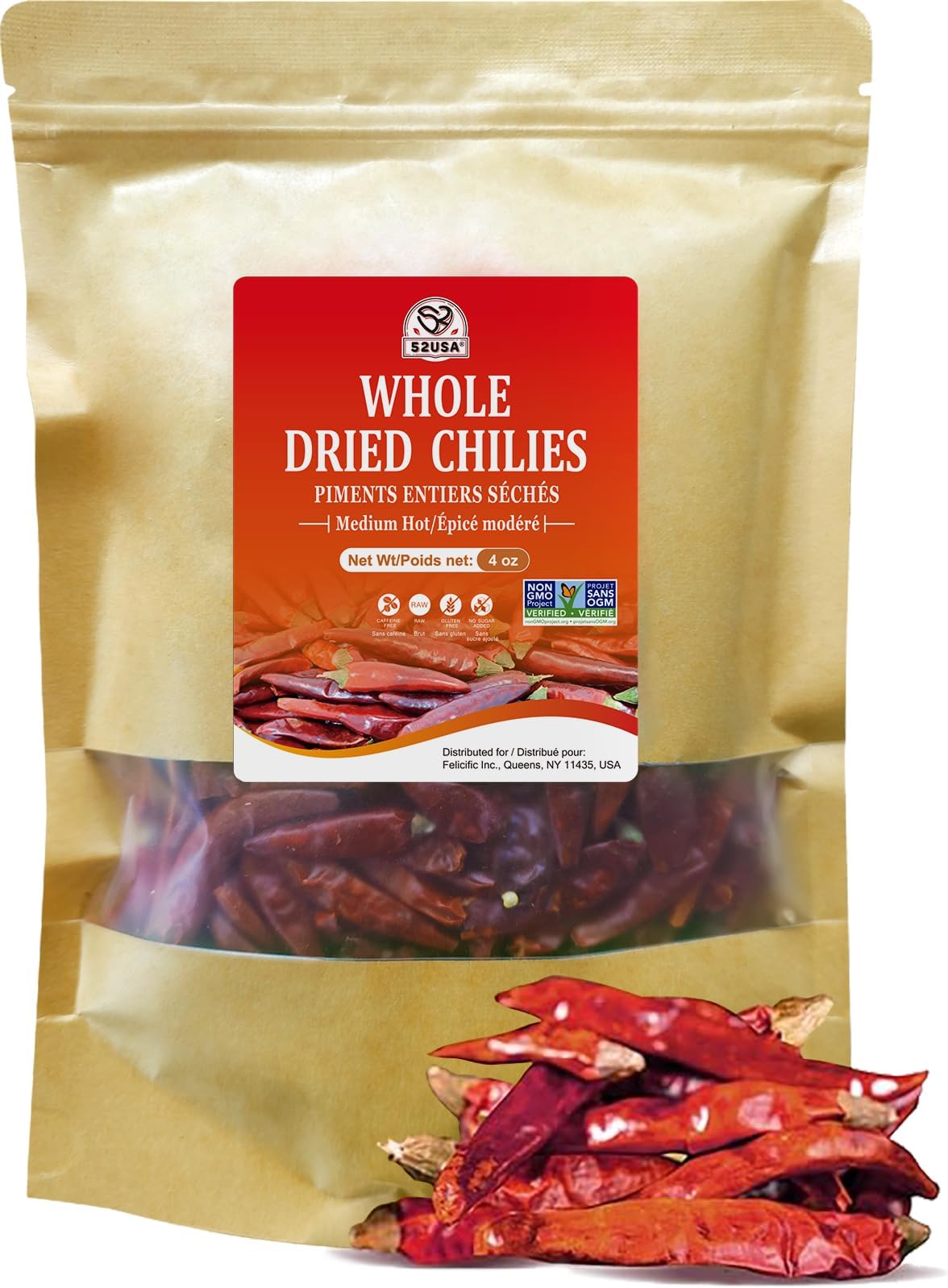 52USA Whole Dried Chilli Peppers, Medium Spicy Dried Chilies 4 Oz, Natural and Premium Red Chili Pepper, Szechuan Red Peppers, Whole Dry Chili Pepper, Medium Hot