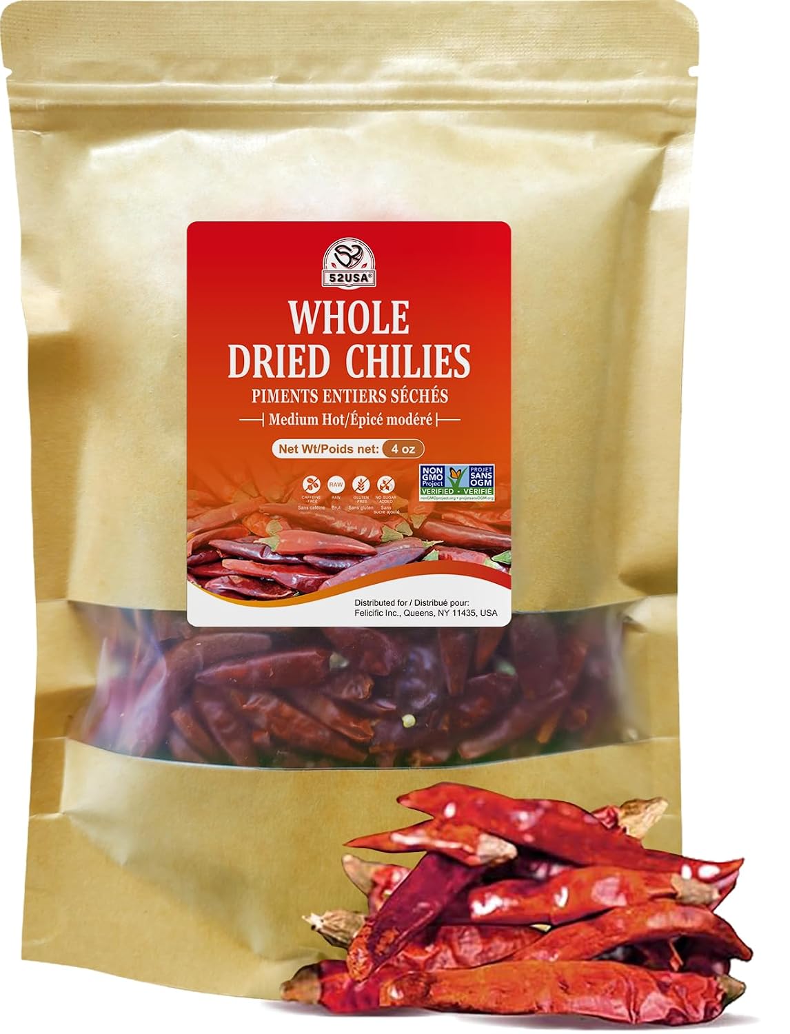 52USA Whole Dried Chilli Peppers, Medium Spicy Dried Chilies 4 Oz