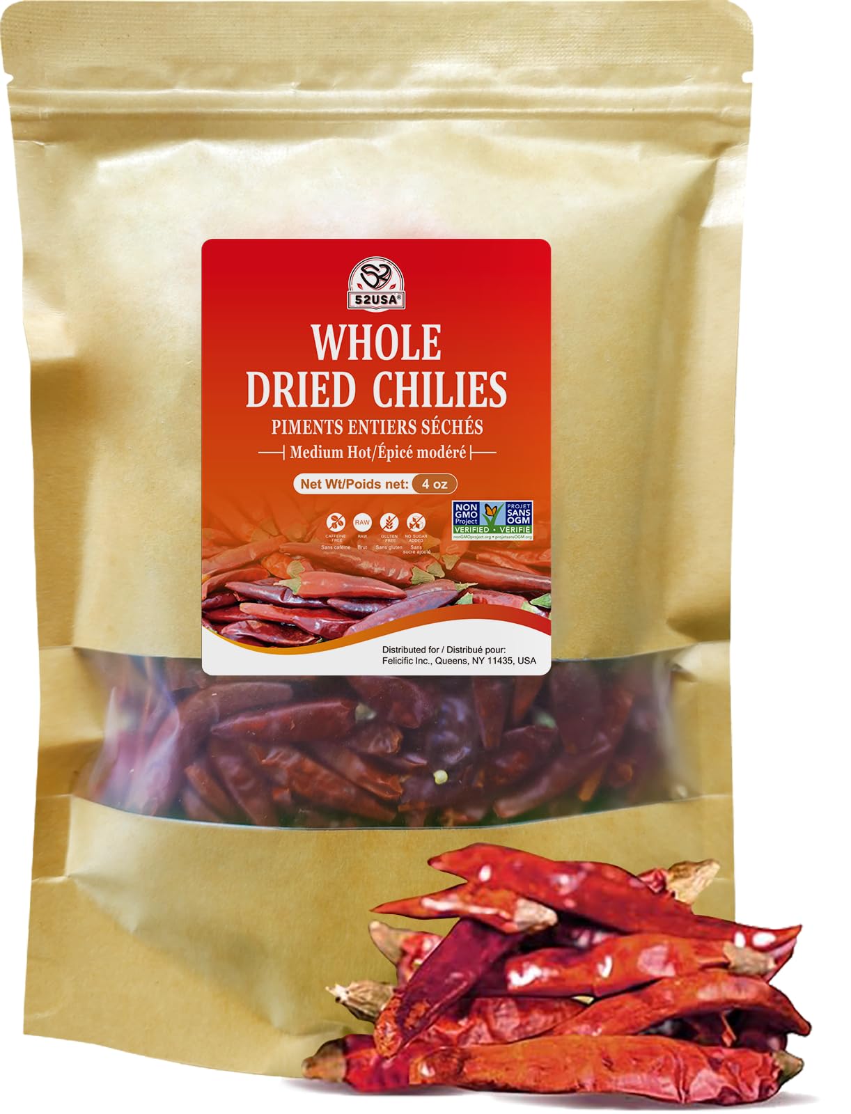 52USA Whole Dried Chilli Peppers, Medium Spicy Dried Chilies 4 Oz, Natural and Premium Red Chili Pepper, Szechuan Red Peppers, Whole Dry Chili Pepper, Medium Hot