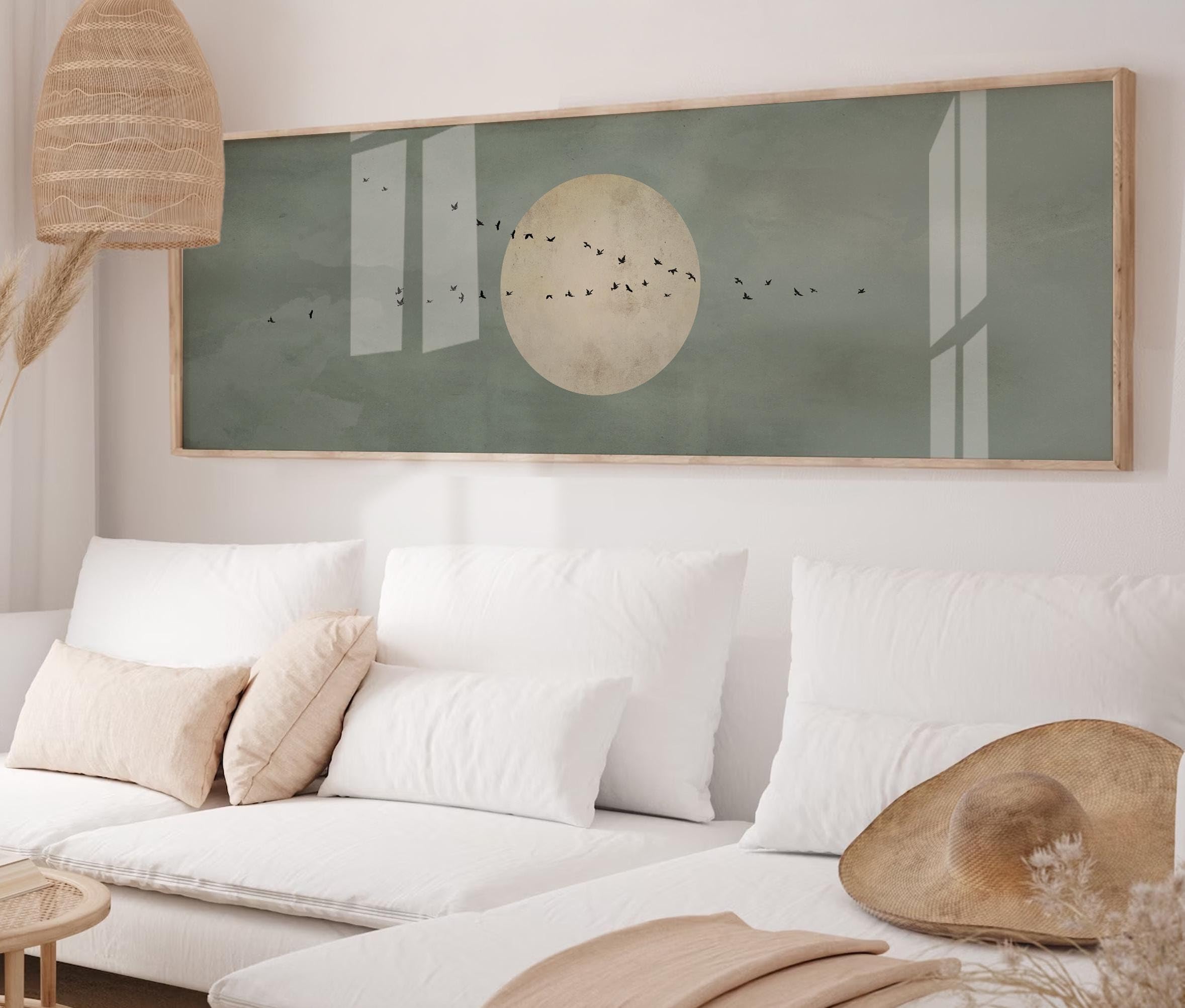 YUSUZHU Quadro su tela Japandi con luna verde salvia - Grande decorazione panoramica per la decorazione del letto. Immagini, dipinti, poster, stampe murali (40x120 cm/cornice interna)