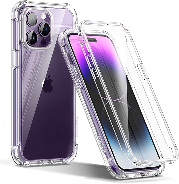 SURITCH Clear Case for iPhone 14 Pro MaxBuilt in Screen Protector 360 Full Body Protection Hard PC+Soft TPU Rubber Bumper Rugged Case Protector Cover for iPhone 14 Pro Max 6.7 Inch (Clear)