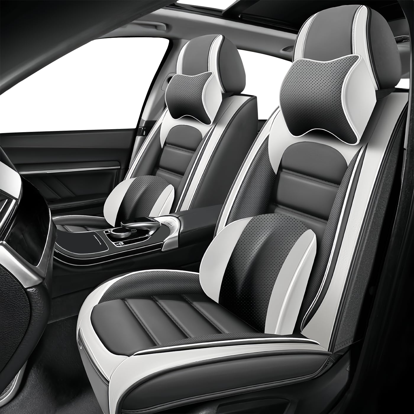 Seat Covers for Toyota C-HR CHR 2018-2023, Front and Rear Seat Cover Wear-Resistant Waterproof Accessories, Full Set with Pillow, White Gray