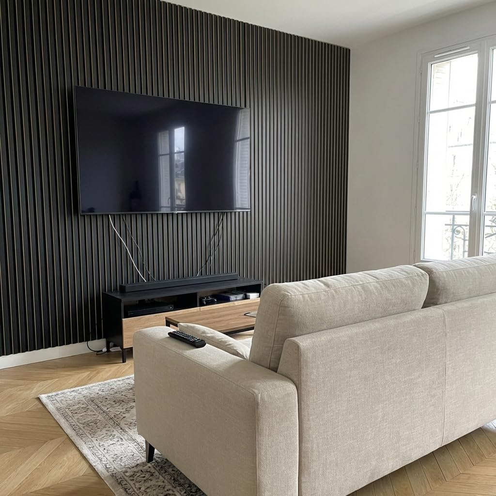 Panneaux Acoustiques Tasseaux Bois – Noir Mat – 240 x 60 cm – 11 mm – Lot de 4 – 5,76 m² – Décoration Murale & Isolation Phonique
