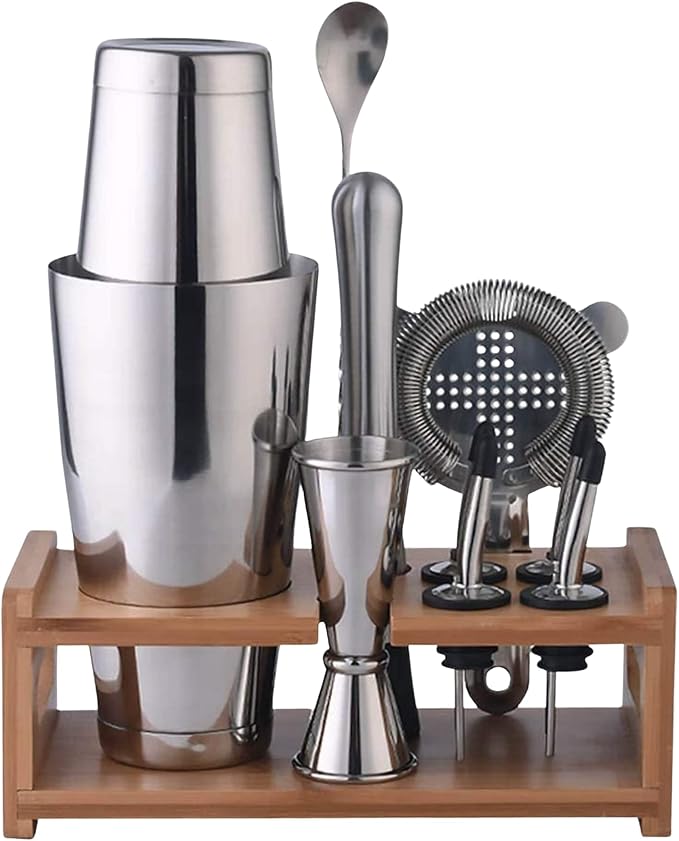 ACCOUTREMENT Cocktail Set – Cocktail Shaker – 11 Pcs Professional Bartender Kit with Shaker, Strainer, Muddler, Jigger, Spoon, Bamboo Stand, Pourers – Boston Shaker Set Stainless Steel
