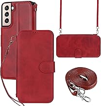 ELTEKER Étui de protection à rabat pour Samsung Galaxy S21 Plus, en cuir, avec cordon tour de cou et compartiment pour cartes, bloqueur RFID, rouge