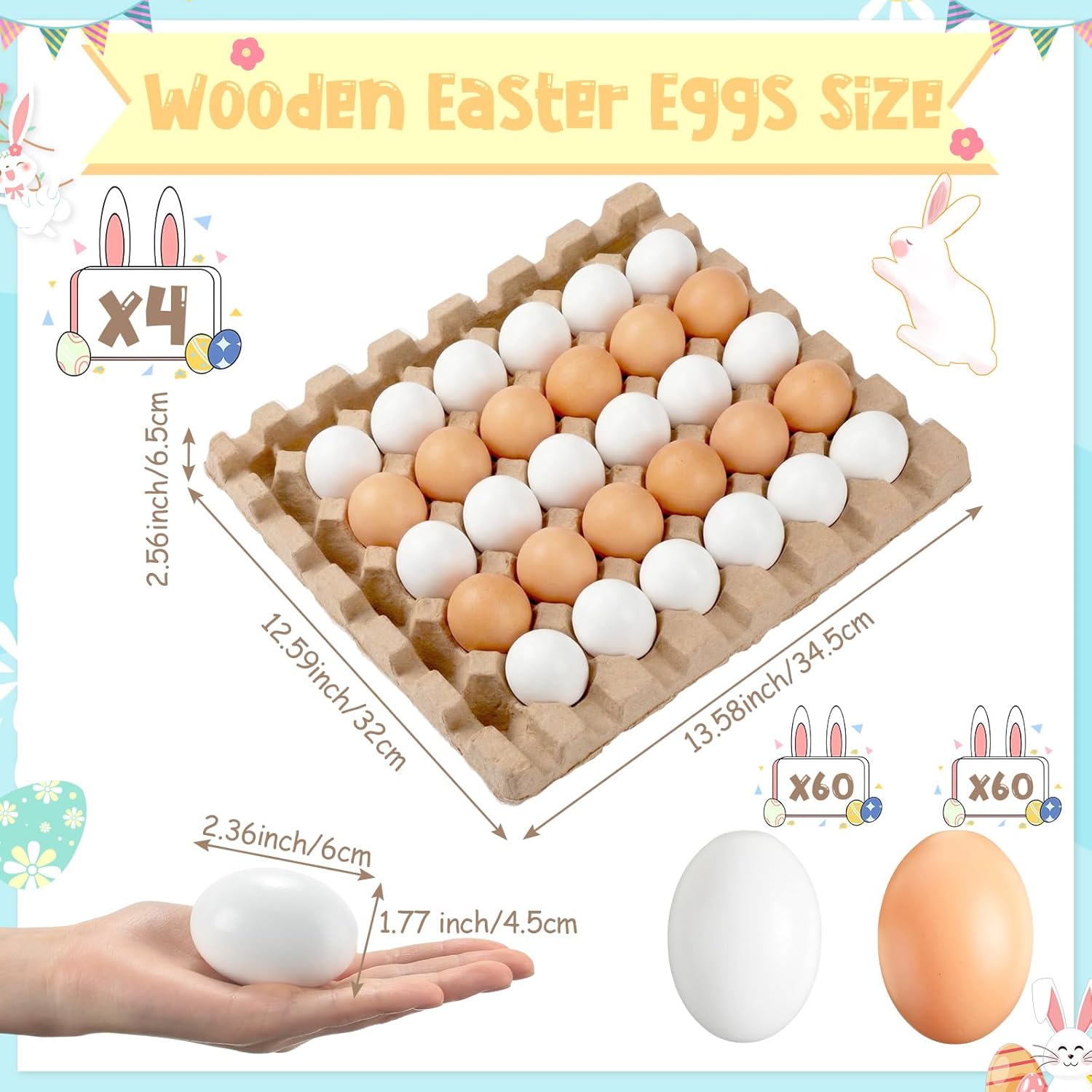 Beeveer 120 Pcs Unpainted Easter Wooden Eggs, Wood Easter Eggs to Paint with Natural Pulp Egg Cartons, Fake Eggs for Easter Egg Decorating, DIY Game, Kitchen Craft Adornment (White,Natural)