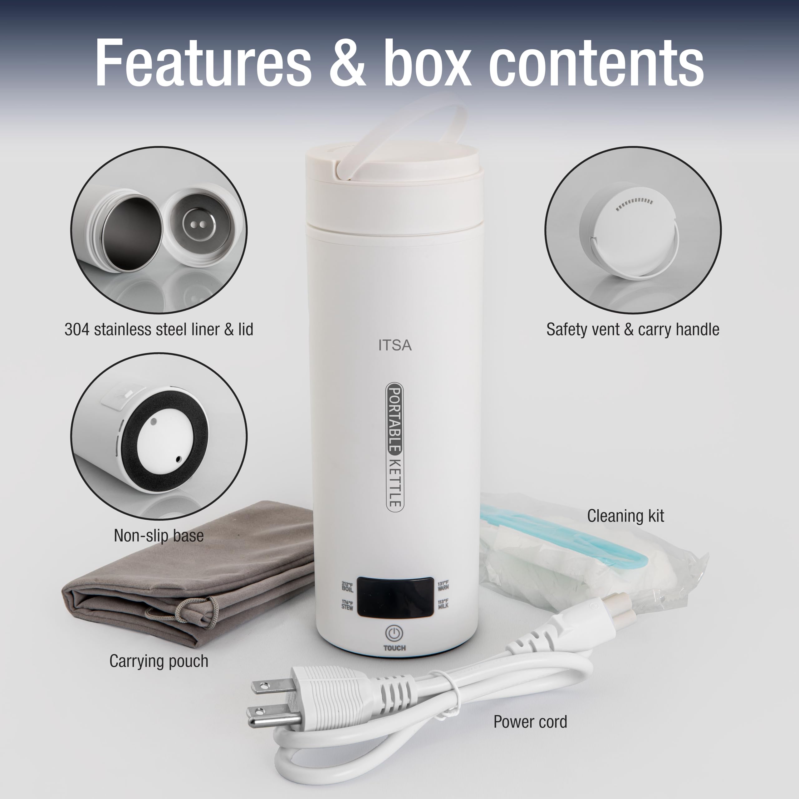 ITSA Travel Electric Kettle, Portable Electric kettle for tea coffee, Mini Hot Water Kettle, 4 Temperature, Stainless Steel, Fast Boiling Water with Auto Shut-Off and Boil Dry Protection, BPA FREE