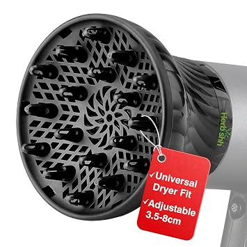 Herbishh Hair Dryer Diffuser Attachment for Even Heat Distribution, Universal Fit for Curly, Thick & Wavy Hair, Reduces Frizz & Adds Volume, Gifts for Her, Adjustable from 3.5 to 8 cm Black