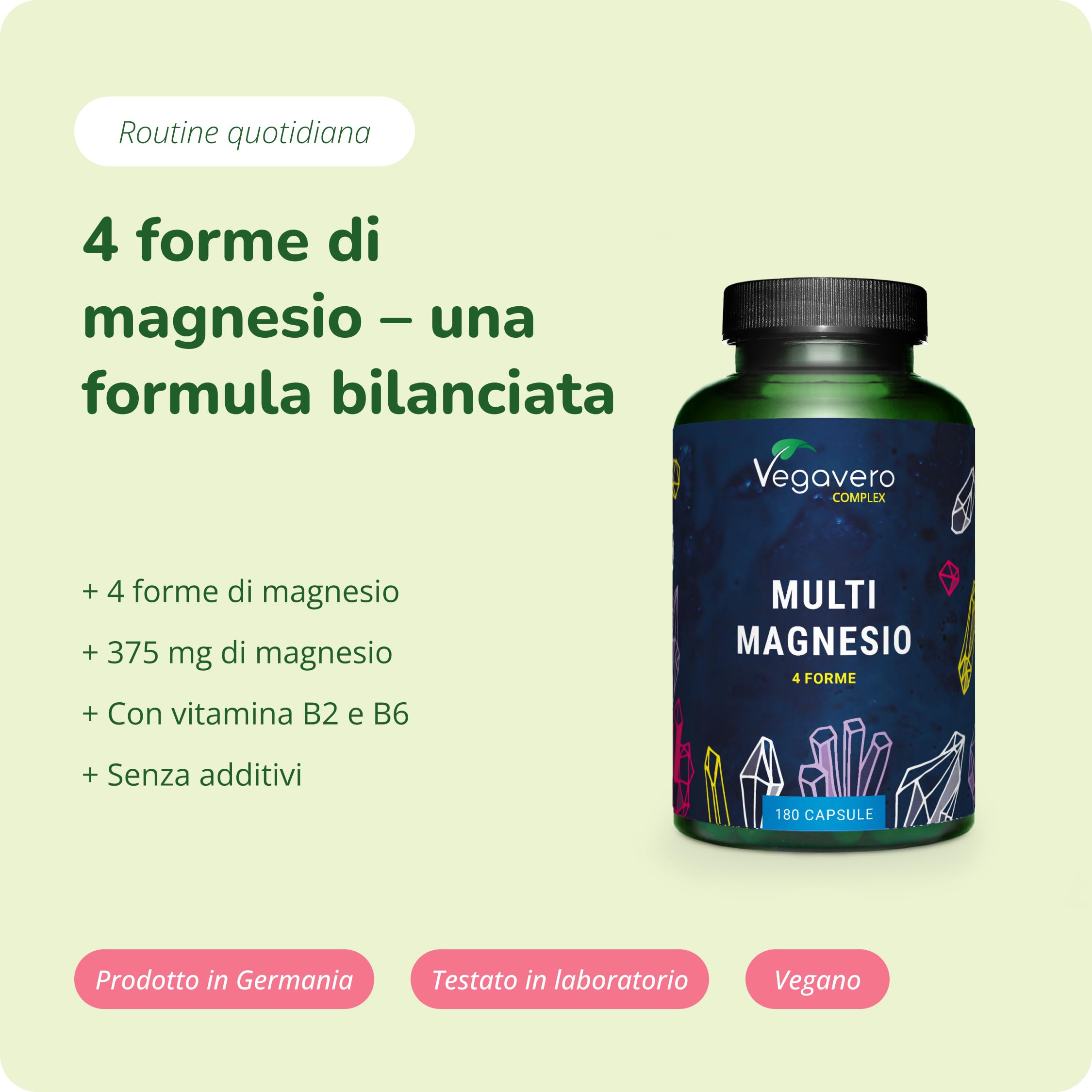 Magnesio Completo Complex | 4 Forme Migliori: Citrato + Bisglicinato + Malato + Taurato | con Vitamina B2 e B6 | 180 capsule | Vegan | Vegavero®