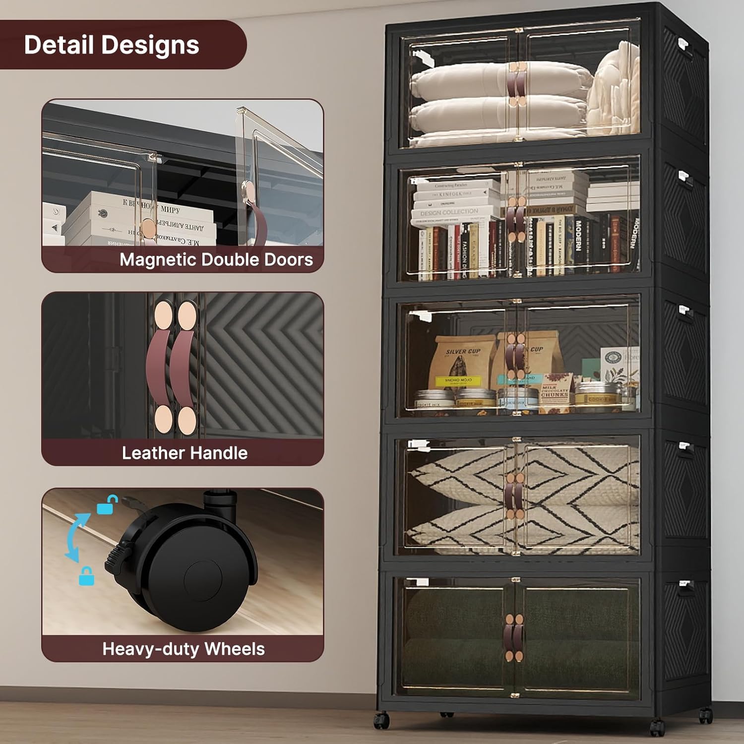 800Qt Stackable Storage Bins with Lids, 5 Pack Large Collapsible Bins with Wheels, Plastic Cabinet with Doors, Foldable Closet Organizers and Storage for Home, Dorm, Office, Black